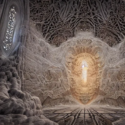 Image similar to a hyperrealistic 3 d painting of a huge sprawling fractal cathedral interior populated by mandelbrot fractals by android jones, unreal engine, carved stone, carved soap, white color scheme, volumetric lighting, octane render, dramatic lighting, glowing, carved marble, opalescent, sacred geometry, religious, angelic, catholicpunk, stark, 8 k, ultra detailed