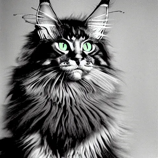 Prompt: extremely beautiful futuristic super schizophrenic psychedelic prismatic superhuman, maine coon cat, lush detail, national geographic, steichen, herb ritts, roger deakins, anne leibovitz, alphonse mucha, art deco, sharp focus, ultra - realistic, hyperrealism, isotonic, beautiful radiant maine coon, schizophrenic cat