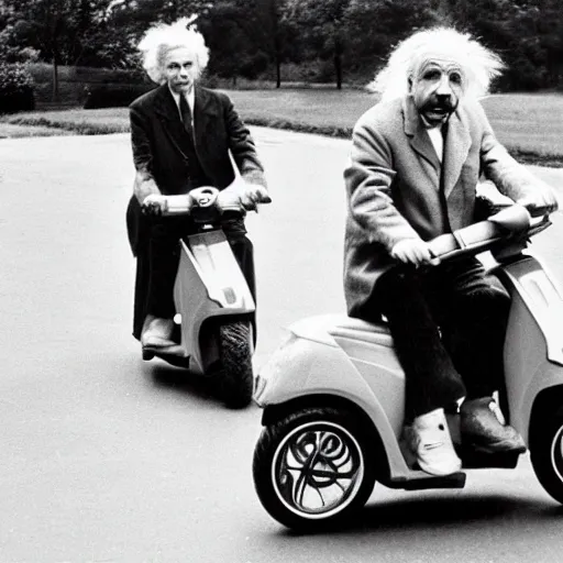 Prompt: Albert Einstein rides an electric scooter with his tongue out, moody, beautiful composition