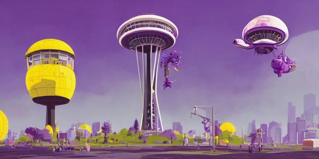 Prompt: cute purple and yellow cartoon monsters at the Seattle space needle by Goro Fujita and Simon Stalenhag , 8k, trending on artstation, hyper detailed, cinematic