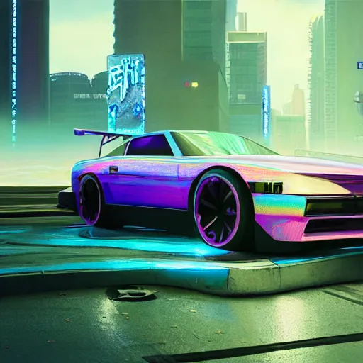 Image similar to vaporwave, car with holographic paint, pearlescent, elegant, digital painting, concept art, smooth, sharp focus, art style from Wang Ke and Greg Rutkowski and Bruce Kaiser and Scott Robertson and Dmitry Mazurkevich and Doruk Erdem and Jon Sibal, small style cue from Cyberpunk 2077