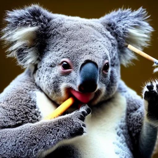 Prompt: photo of cute koala with a cigarette in its mouth