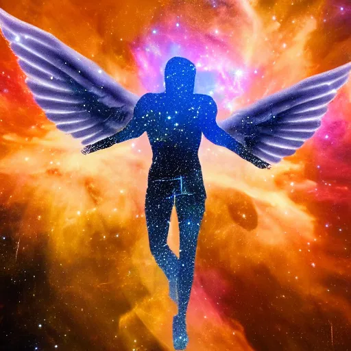 Image similar to a giant solid angel flying through a nebula