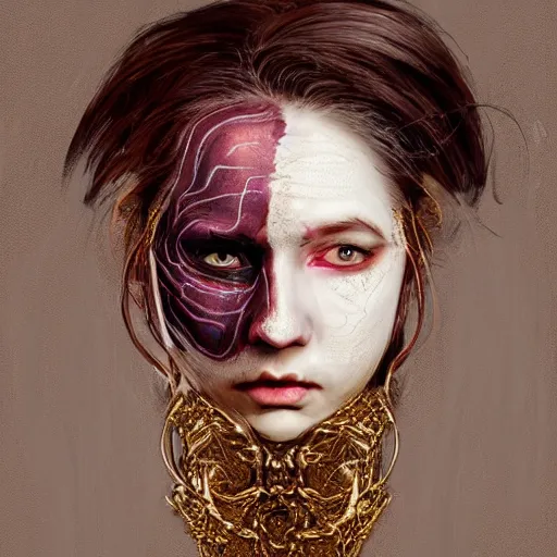 Image similar to portrait of a Shibari rope wrapped face and neck, headshot, insanely nice professional hair style, dramatic hair color, face paint half and half, digital painting, of a old 15th century, old cyborg merchant, amber jewels, baroque, ornate clothing, scifi, realistic, hyperdetailed, chiaroscuro, concept art, art by Franz Hals and Jon Foster and Ayami Kojima and Amano and Karol Bak,