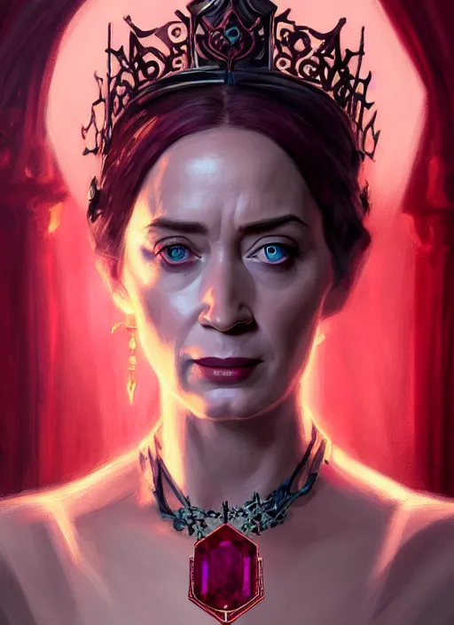 Image similar to portrait of emily blunt as witch queen, jewelry, greek, ruby, victorian age, 1 8 9 0, intricate, headshot, key visual, conceptart, ambient lighting, highly detailed, digital painting, artstation, concept art, sharp focus, by makoto shinkai and akihiko yoshida and greg manchess