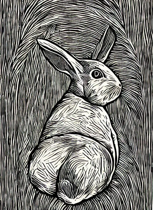 Prompt: rabbit woodcut print by Samuel Jessurun de Mesquita