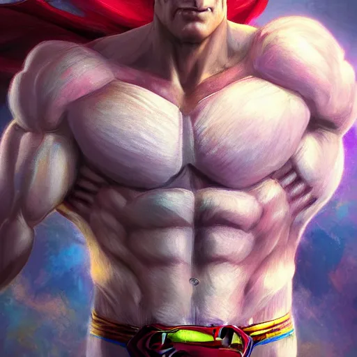 Image similar to a esthetic portrait commission of a muscular antrho albino tiger wearing the superman outfit,hyperdetailed face,character design by charlie bowater,ross tran,artgerm,makoto shibkai,photorealistic,western comic book art,film poster,deviantart,artstation