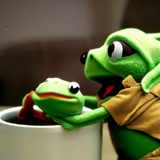 Image similar to baby yoda trying to eat kermit the frog,