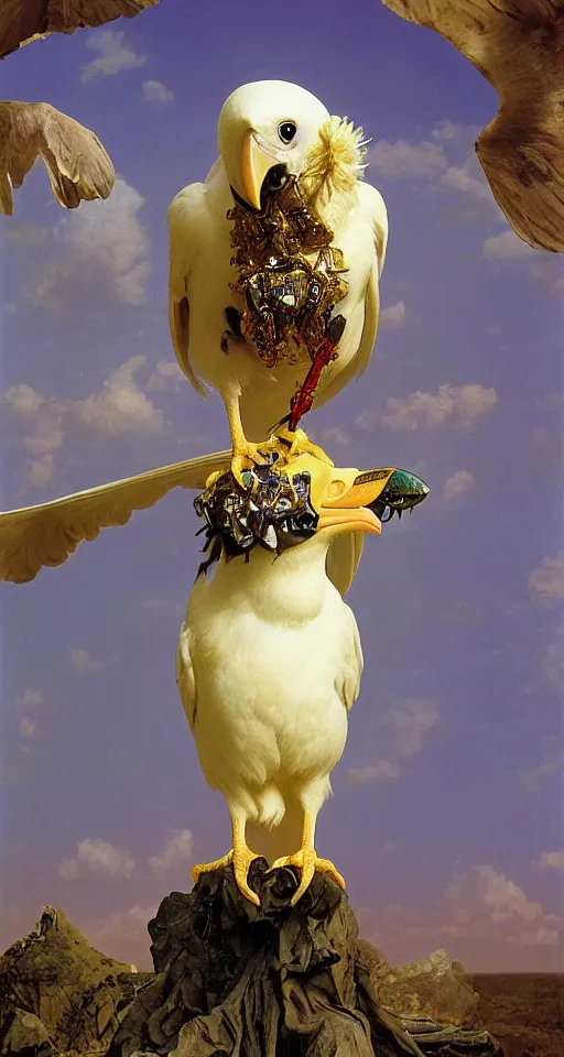 Image similar to photographic masterpiece of an albino raven standing on a golden skull with mexican pattens, annie leibovitz, frederic leighton, roger dean