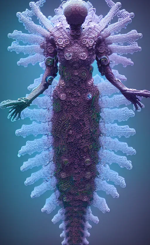 Prompt: intricate armored angel, eagle coral, jelly fish, mandelbulb 3 d, fractal flame, octane render, cyborg, biomechanical, futuristic, vibrant colors, psychedelic, by ernst haeckel