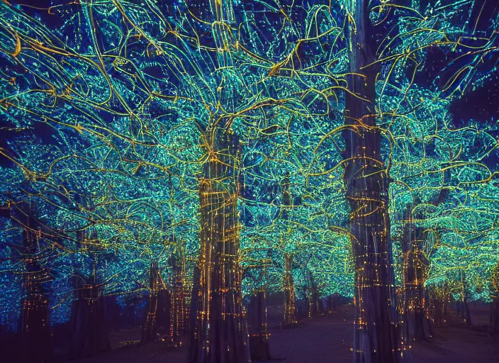 Image similar to a 2 8 mm macro kodachrome photo of ornate mechanical metallic trees with glowing lights and twisted electric wires in yosemite national park in the 1 9 5 0's, seen from a distance, bokeh, canon 5 0 mm, cinematic lighting, film, photography, golden hour, depth of field, award - winning, cyberpunk, neon