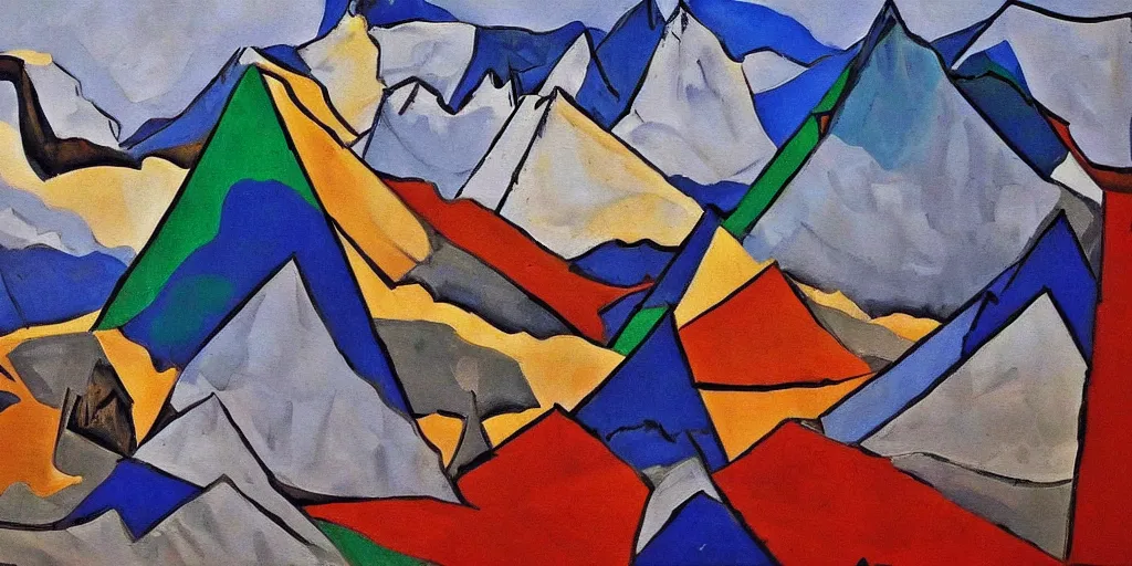 Prompt: nepal mountains, picasso style painting