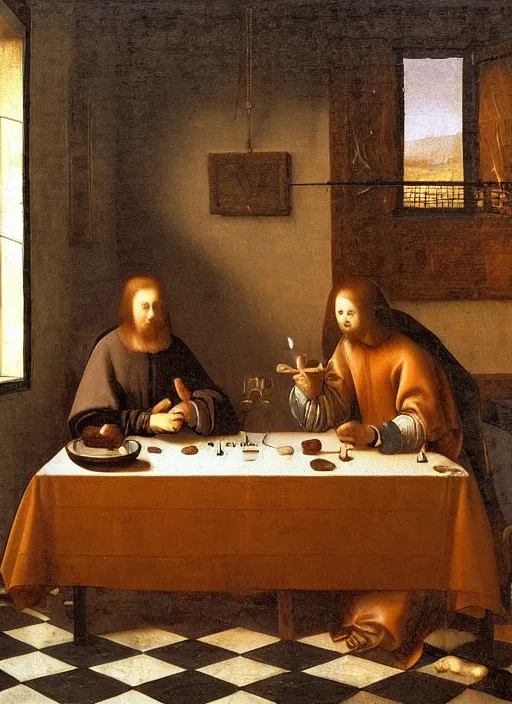 Prompt: a candlelit table at the inn, two people sitting at the table, swirling smoke, dark smoke, realistic, in the style of leonardo da vinci, dutch golden age, amsterdam, medieval painting by jan van eyck, johannes vermeer, florence