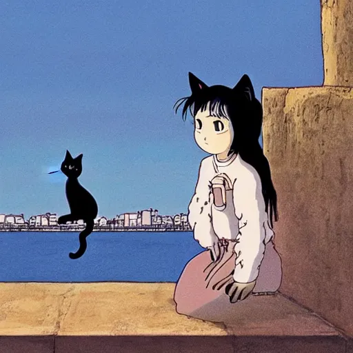 Image similar to a black cat lady looking out over a city, Miyazaki, studio ghibli