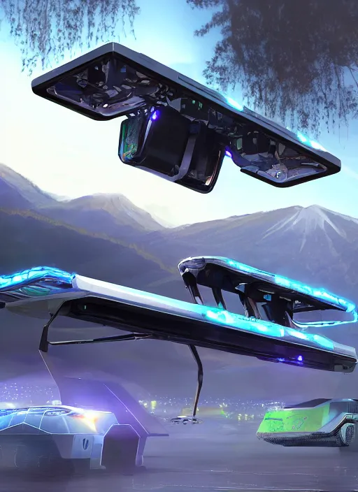 Image similar to a futuristic solarpunk tesla cyber truck vehicle hover craft in the future of 2 0 8 9 futuristic version, cyberpunk look. digital art. trending on artstation. cyberpunk look hovering by mount fuji early in the morning with a few blossom trees around, high quality photo