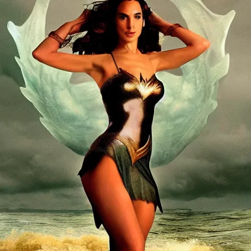 Prompt: Full body photo of the beautiful woman Gal Gadot as a siren, she is swimming under the sea, she is leading a variety of school of fish, she has a glow coming from her, she is getting illuminated for rays of light that cross the sea, the photo was taking by Annie Leibovitz, matte painting, oil painting, naturalism, 4k, 8k