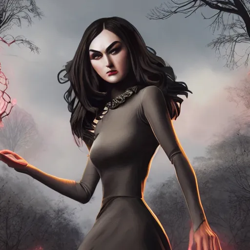 Image similar to full body portrait photo of sasha grey as a fearless witch with magical powers doing a dangerous summoning spell, style of Midjourney, stylized, 8k high details, detailed and intricate, elegant, ornate, horror, elite, ominous, haunting, beautiful digital painting, cinematic, cgsociety, artstation, octane render, 8k, unreal engine