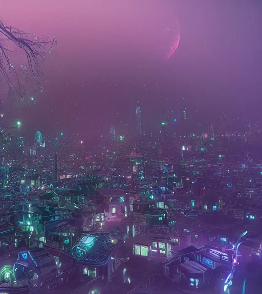 Image similar to surreal synapse town, aerial iridecent veins, moonbow, foggy, dark starry night, octane render, unreal engine, pale colors, high detail, 8 k, wide angle, trending on artstation, behance