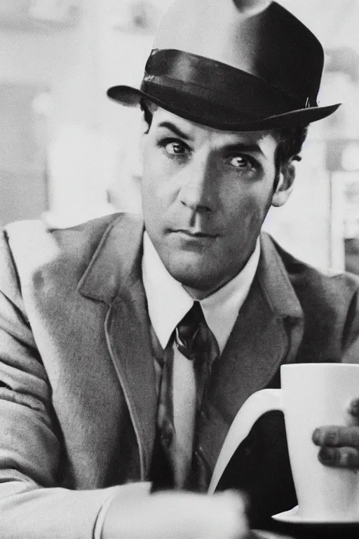 Image similar to a 5 0's detective having a cup of coffee