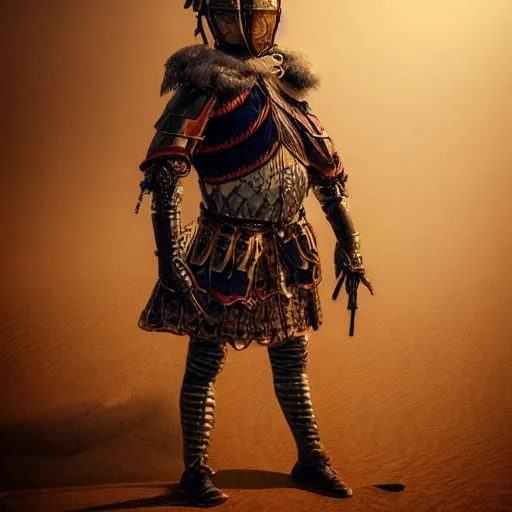 Prompt: illustration of a hussar in the desert, dust, natural lighting, suit of armor, details and intricate, photo realistic, winner of the year's best photo, symmetrical, high definition, artgasm, trending artstation