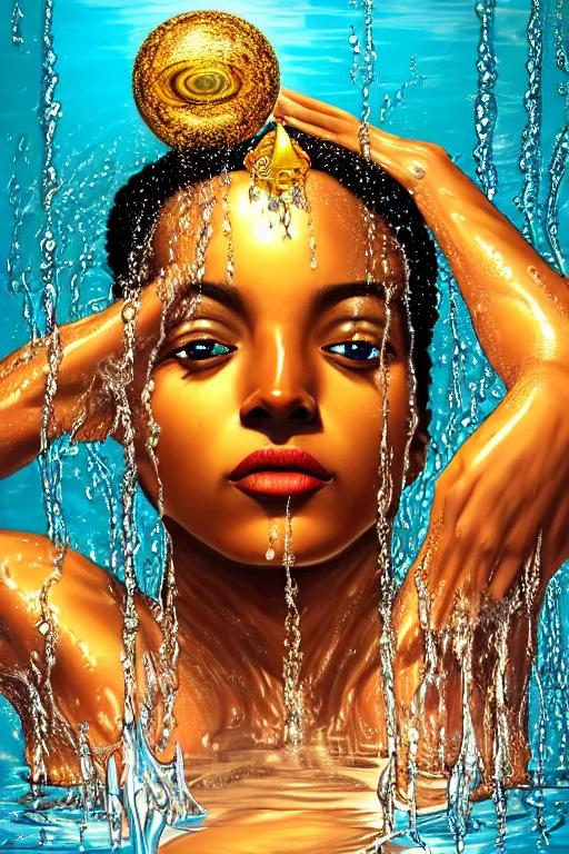 Image similar to hyperrealistic photorealist cinematic super expressive! oshun goddess immersed in water!, mirror dripping droplet, gold ornate jewely, highly detailed face, digital art masterpiece, smooth eric zener cam de leon, dramatic pearlescent turquoise light on one side, low angle uhd 8 k, shallow depth of field