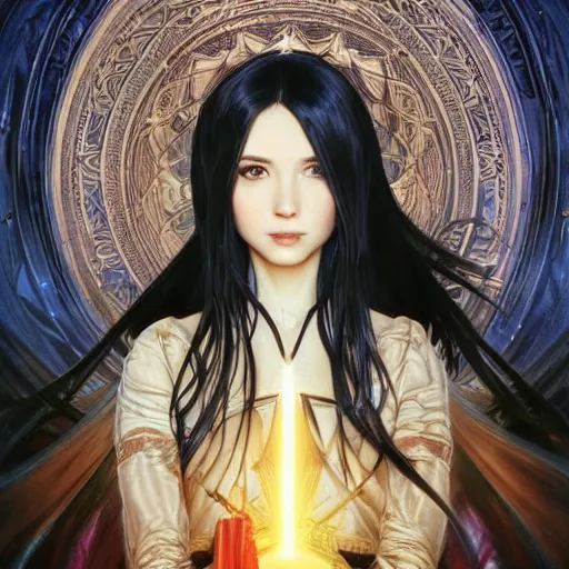 Image similar to portrait of a woman, long black hair, holding sword, in front of a sci fi cityscape, by tetsuya nomura and annie swynnerton, makoto shinkai, alphonse mucha, detailed, cinematic, wide angle, dark sepia toned shading, luminescent eyes, detailed face, expressive eyes, blue fire everywhere, trending on artstation.