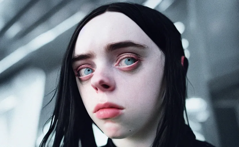 Image similar to cinestill 5 0 d candid photographic portrait by stanley kubrick of billie eilish as an android wearing black techwear on a brutalist dystopian spaceship, extreme closeup, modern cyberpunk moody emotional cinematic, liminal overgrown god rays, 8 k, hd, high resolution, 3 5 mm, f / 3 2, ultra realistic faces, ex machina