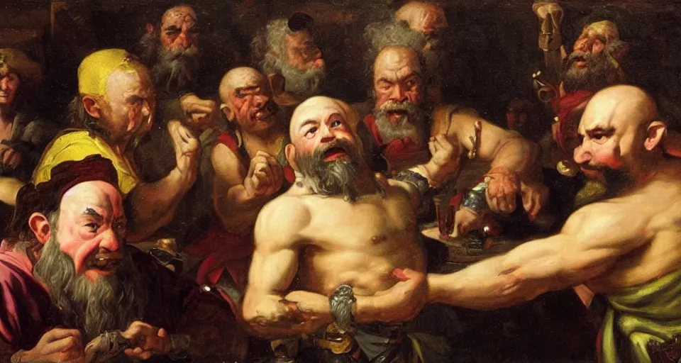 Image similar to Baroque painting of a dwarf armwrestling an elf in front of drunken onlookers at a tavern.