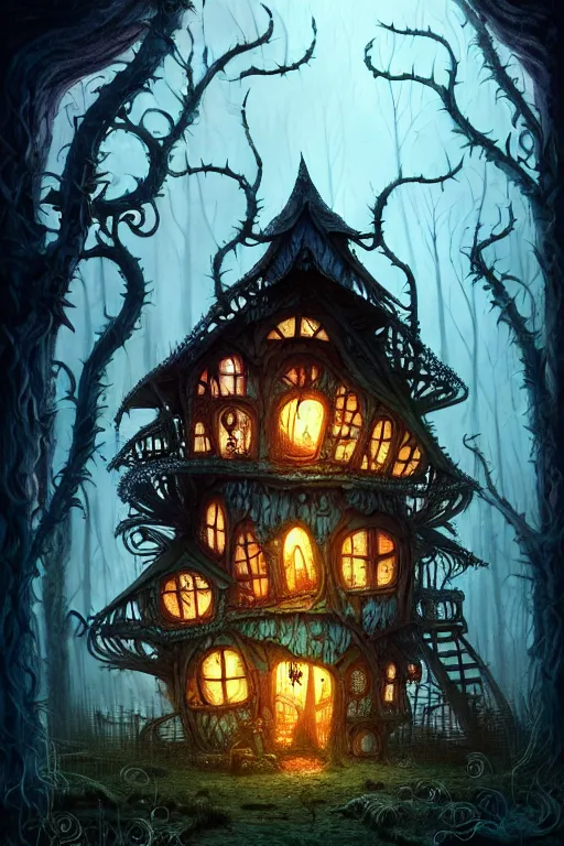 Prompt: a shot from a tim burton movie of a storybook style ramshackle multistory fairytale hut in the forest, intricate, elegant, fantasy, highly detailed, digital painting, concept art, sharp focus, artstation