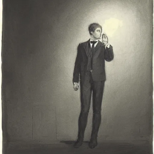 Image similar to portrait of an action hero in suit and tie, raising his hand to summon a blinding light, by alfred stevens in charcoal