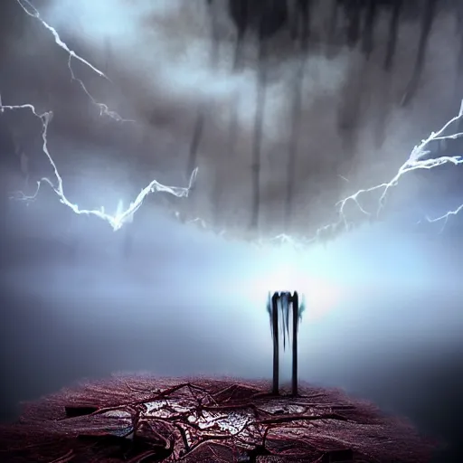 Image similar to I am anti-life. The Beast of Judgement. The dark at the end of everything. God like, Biblical, Apocalypse, End of Times, Superb, Invincible, Merciless, Mayhem, Chaos, Death Incarnate, fog, smoke, ashes, hellfire, rain of blood, Highly detailed 3d fractal, volumetric lighting, sharp focus, ultra-detailed, hyperrealistic, complex, intricate, 3-point perspective, hyper detailed, unreal engine 5, IMAX quality, cinematic, finely detailed, small details, extra detail, symmetrical, high resolution, rendered 3D model, octane render, arnold render, PBR, path tracing, 8k, 4k, HD, hi-res, award-winning, awe-inspiring, ground-breaking, masterpiece , artgem, Dark Fantasy