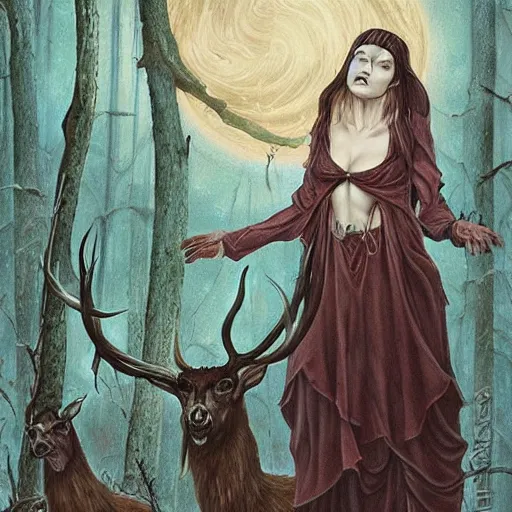 Image similar to an epic horrific wiccan gothic painting of a mother - nature witch cult woman wearing a deer skull, in a moonlit forest by gerald brom by junji ito by vanessa lemen by charlie bowater