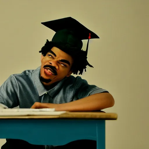 Image similar to a cinematic film still of a claymation stop motion film starring chance the rapper as a college student, shallow depth of field, 8 0 mm, f 1. 8