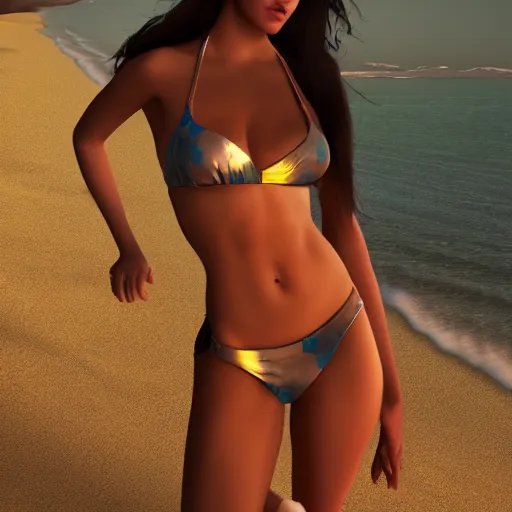 Prompt: a photorealistic hyperrealistic, girl in bikini on the beach, dressed, beautiful dynamic dramatic low - light moody lighting, cinematic atmosphere, concept design art, trending on artstation, 8 k