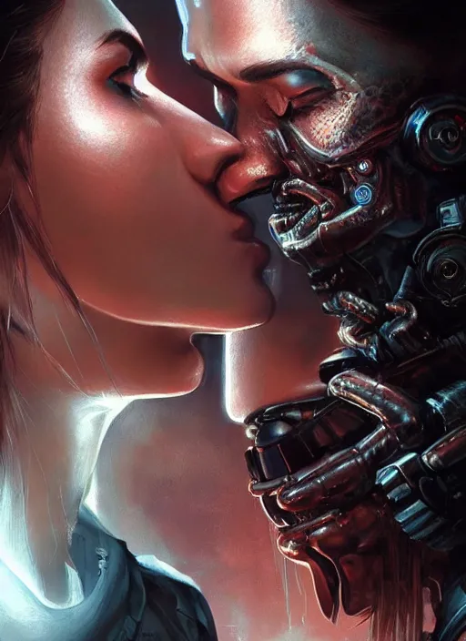 Image similar to ultra realistic close - up of a couple of cyborgs kissing, lovers, faces, cyberpunk, sci - fi, fantasy, led color, flare, soft light, night, highly detailed, digital painting, concept art, sharp focus, illustration, art by artgerm and greg rutkowski and h. r. giger,