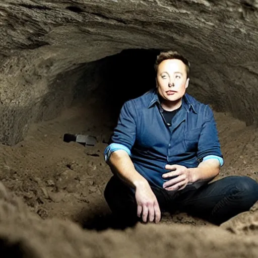Image similar to Elon musk sitting in a dark cave eating batteries out of his flashlight, photorealistic