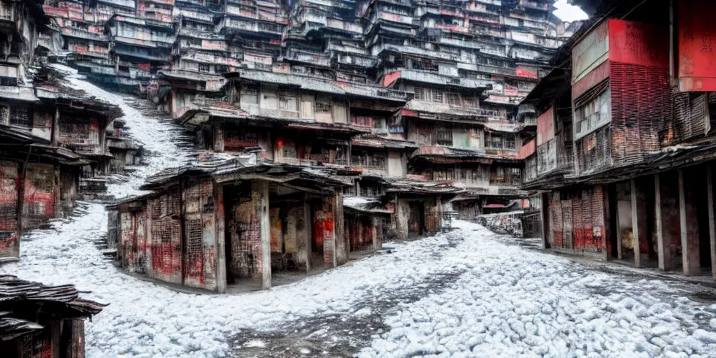 Image similar to Kowloon Walled City in the walls of glacial cavern, snowing, favela, slum