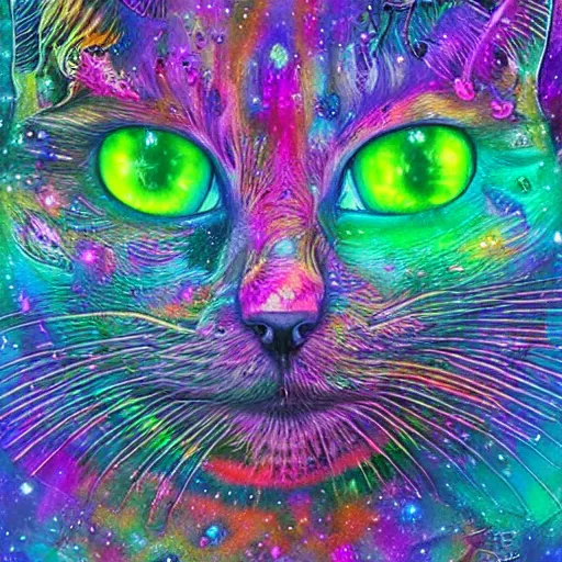 Image similar to a galaxy colored psychedelic chakra awakening kundalini ethereal portrait of a cat with her eyes closending to a higher plane of existence, eternal blessing, multiverse, by android jones, by ben ridgeway, visionary art, by artgerm, featured on artstation, cgsociety, by greg rutkowski