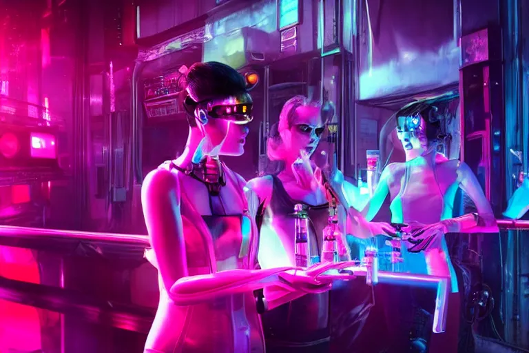 Prompt: cyberpunk nightclub, girls and female robots drinking radioactive glowing drinks from scientific glassware, loose wires and electrical sparks, pink neon
