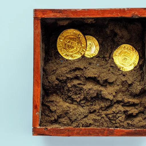 Image similar to a wooden box full of gold treasure, partially buried in mud