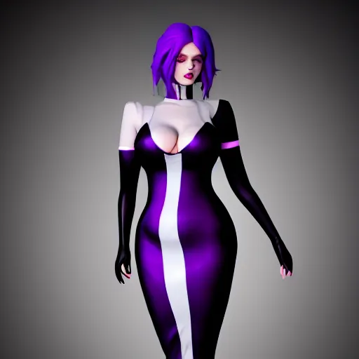 Prompt: a curvy pale goth woman wearing a modest elegant purple-silver-black multilayered latex striped tight high-neck dress, cgsociety, photorealistic, sublime-cool-badass-hyperadvanced, 16k, smooth, sharp focus, trending on ArtStation, volumetric lighting, fully clothed