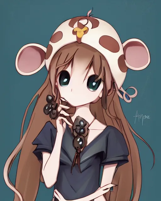 Image similar to A cute wakfu-style frontal painting of a very very beautiful anime skinny mousegirl with long wavy brown colored hair and small mouse ears on top of her head wearing a cute black dress and black shoes looking at the viewer, elegant, delicate, feminine, sharp focus, higly detailed, smooth , pixiv art, ArtStation, artgem, art by alphonse mucha Gil Elvgren and Greg rutkowski, high quality, digital illustration, concept art, very long shot