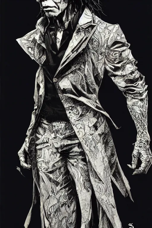 Prompt: full body portrait of nick cave, concept art, sumi - e style, intricate linework, artstation, trending, highly detailed, smooth, focus, art by yoji shinkawa and glenn fabry,