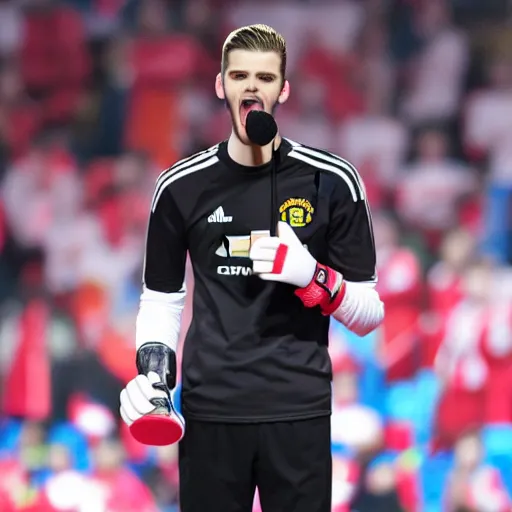 Prompt: david de gea singing pop with a microphone, indoor