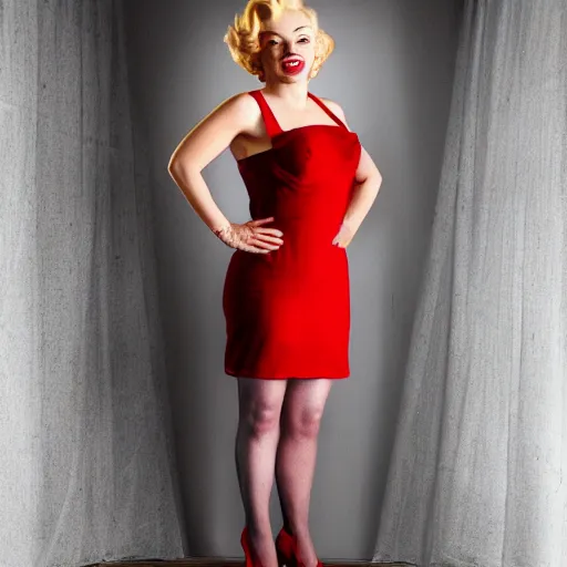 Image similar to Stunning studio photograph of Marilyn Monroe in a red dress smiling slightly for the camera, XF IQ4, f/1.4, ISO 200, 1/160s, 8K, RAW, unedited, symmetrical balance, in-frame, sharpened