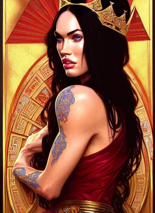 Image similar to portrait of megan fox as a queen, throne, jewelry, greek, ruby, intricate, headshot, highly detailed, digital painting, artstation, concept art, sharp focus, cinematic lighting, illustration, art by artgerm and greg rutkowski, alphonse mucha, cgsociety