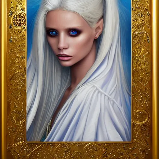 Prompt: Portrait of Abbey Lee as a tall blonde blue-eyed elf woman with pale white hair, wearing stylish white and gold robes, warm and gentle smile, intricate, elegant, highly detailed, digital painting, smooth, sharp focus, bust view, visible face, artstation, graphic novel, art by stanley artgerm and greg rutkowski and peter mohrbacher,