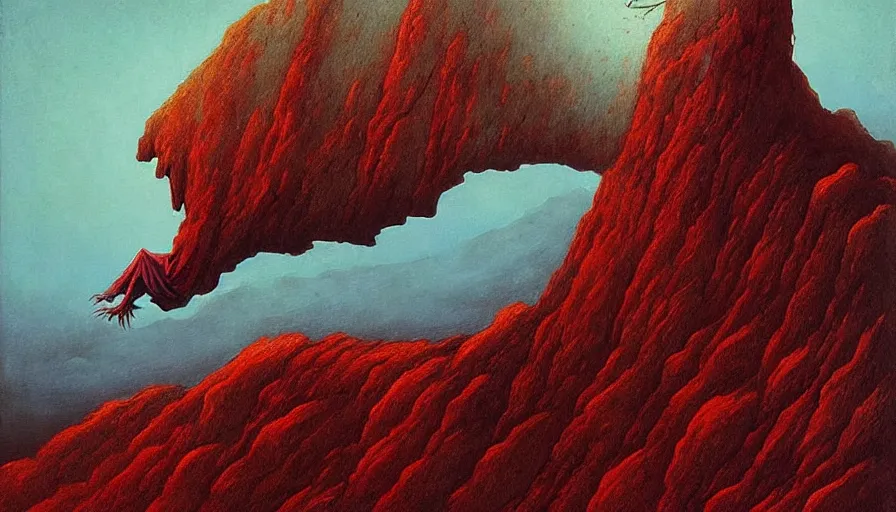 Image similar to landscape artwork of veiled red skeletal angel climbing over a mountain, artwork by zdzislaw beksinski