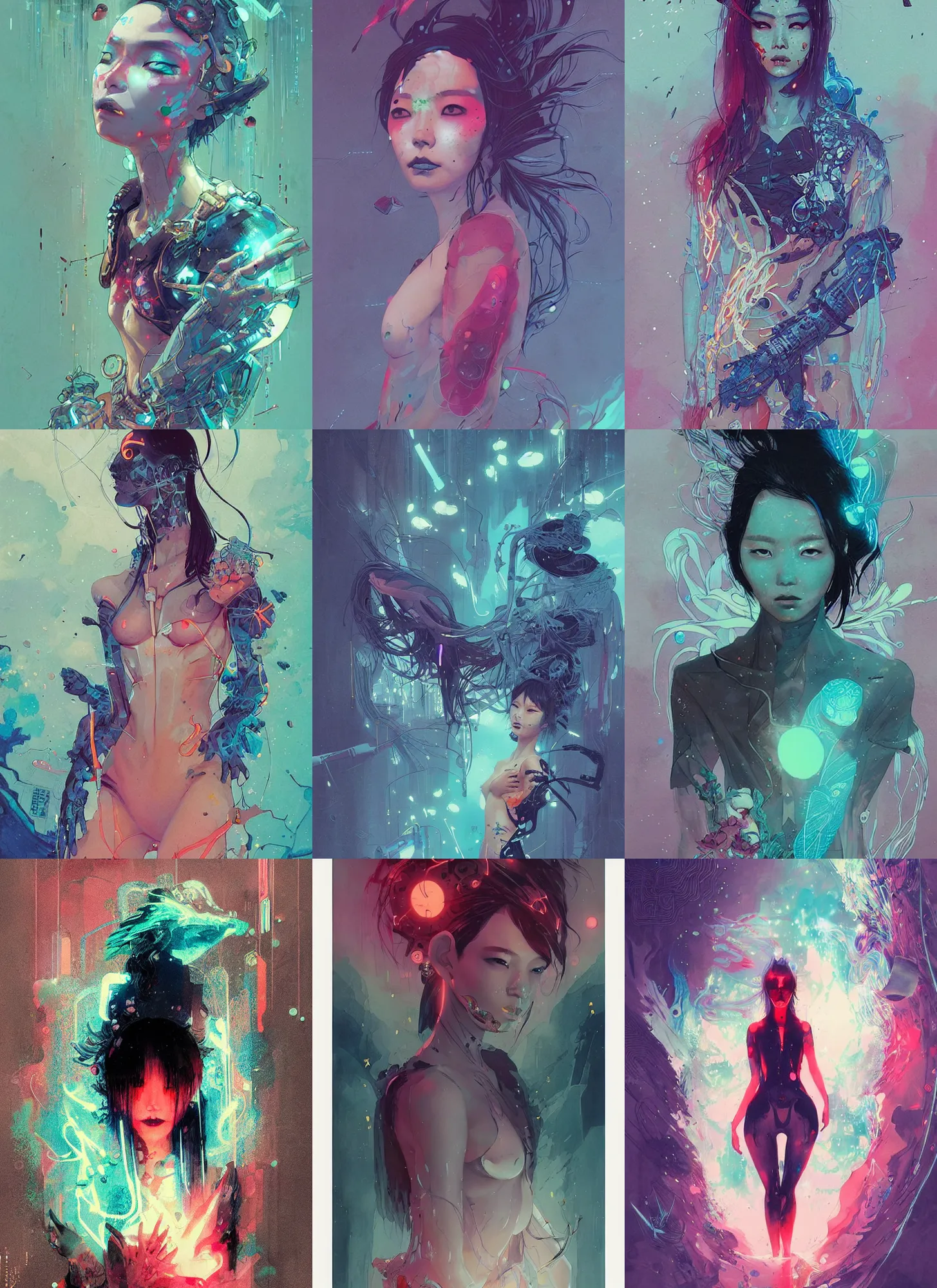 Prompt: lee jin - eun emerging from bioluminescent maelstorm in cyberpunk theme by conrad roset, jakub rebelka, tran nguyen, peter mohrbacher, rule of thirds, seductive look, beautiful