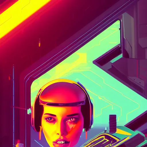 Prompt: a graph - style a huge robot head in front of her, cyberpunk art by by james gilleard, cgsociety, retrofuturism, synthwave, retrowave, outrun